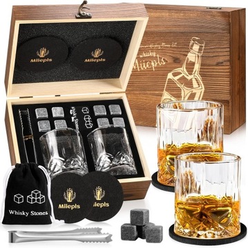 ZESTAW DO WHISKY - 2 szklanki, 2 podstawki, szczypce, 8 kamieni SKRZYNKA
