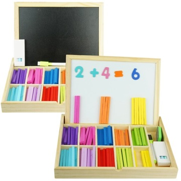 Мел и магнитная доска, деревянные палочки для обучения счету чисел.