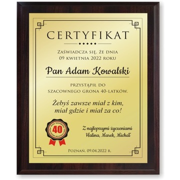 PREZENT 18 30 40 50 60 70 80 URODZINY CERTYFIKAT