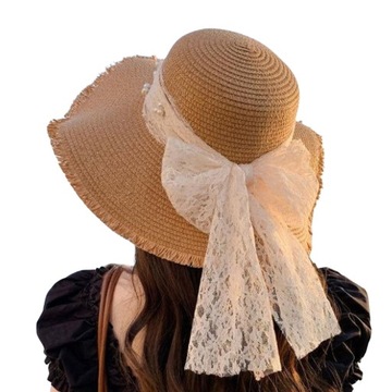 Women Straw Hat Lace Bow Faux Pearl Decor Beach Sun Hat Wide