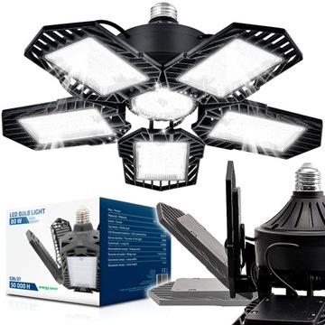 MOCNA Lampa Warsztatowa Do Garażu 80W SUFITOWA Robocza Żarówka LED E27 6w1