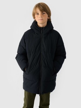 KURTKA CHŁOPIĘCA ZIMOWA 4F PŁASZCZ PUCHOW Z KAPTUREM CZARNY 164