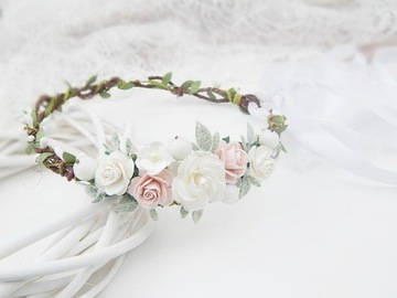 Венок на голову РОЗА, повязка на голову для причастия, бело-розовый