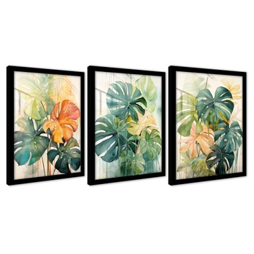 PLAKATY LIŚCIE MONSTERA NA ŚCIANĘ RAMA OBRAZY TRYPTYK 3 CZĘŚCI 73x159