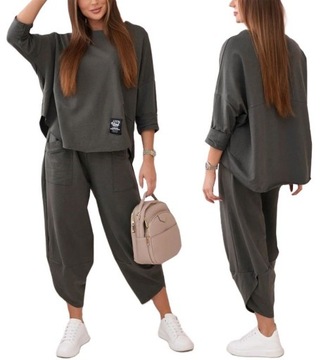 ELEGANCKI WŁOSKI KOMPLET BAWEŁNIANY BLUZA SPODNIE DRESOWY OVERSIZE U
