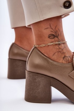 КОЖАНЫЕ ТУФЛИ НА КАБЛУКЕ ЖЕНСКИЕ, ТЕМНО-БЕЖЕВЫЕ 37