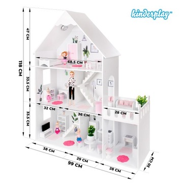 БОЛЬШОЙ ДЕРЕВЯННЫЙ БЕЛЫЙ КУКОЛЬНЫЙ ДОМИК 118см АКСЕССУАРЫ ЛЕГКАЯ ПРЕМИУМ МОДЕЛЬ