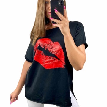 B1022 ASYMETRYCZNA BLUZKA Z NADRUKIEM CZARNA r. 58 (9XL)