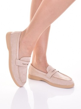 WYGODNE MOKASYNY DAMSKIE PRZEWIEWNE LORDSY SKÓRZANE ZAMSZOWE BEŻOWE