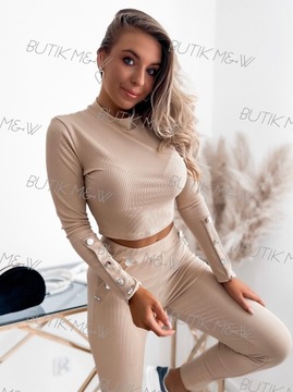 Komplet prążkowany guziki crop top legginsy BEŻOWY