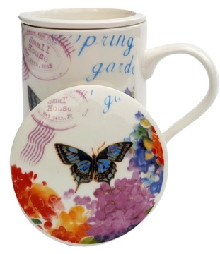 KUBEK Z ZAPARZACZEM CERAMICZNYM I POKRYWKĄ ZAPARZACZ W KWIATY 320ML PREZENT