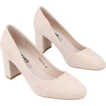 БЕЖЕВЫЕ ЖЕНСКИЕ ТУФЛИ НА ВЫСОКОМ КАБЛУКЕ, ТУФЛИ ИЗ ЗАМШИ, ВНУТРИ ЭКО-КОЖА