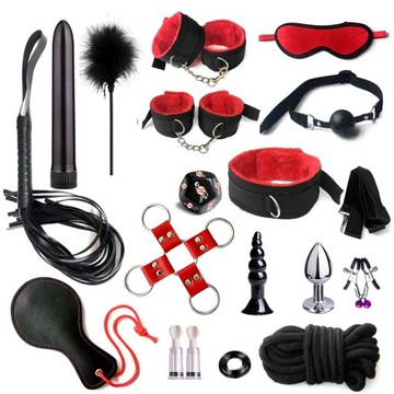 XXL ZESTAW ZABAWEK SEX GADŻETY - KAJDANKI BAT OBROŻA ZACISKI KNEBEL BDSM