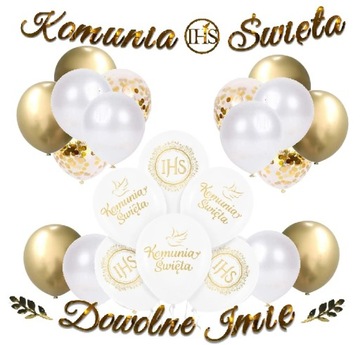 BALONY złote KOMUNIA dekoracje na KOMUNIĘ + IMIĘ