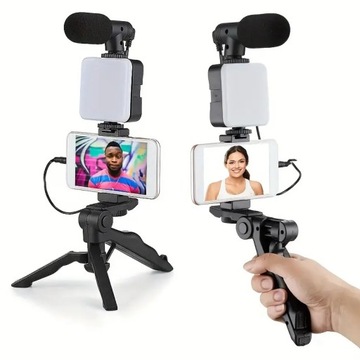 Zestaw Vlog Podcast YouTube lampa LED mikrofon BT selfie statyw pilot LEDY
