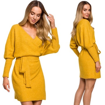 SUKIENKA ELEGANCKA SWETROWA DZIANINOWA Z WIĄZANIEM MIODOWA 40/42 L/XL