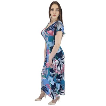 Sukienka MAXI Wiskoza Letnia Zwiewna Dekolt V Wzorzysta Niebieska XL/XXL