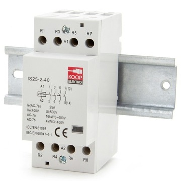 STYCZNIK MODUŁOWY 25-40 230V 25A 2P 4Z 3-FAZOWY ZWIERNY NA SZYNĘ DIN TH35