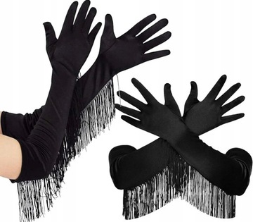 Rękawiczki wieczorowe satynowe długie elastyczne frędzle boho eleganckie
