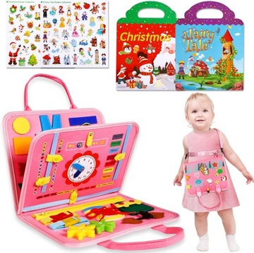 TABLICA SENSORYCZNA MANIPULACYJNA MONTESSORI + 2 ALBUMY Z NAKLEJKAMI ENG