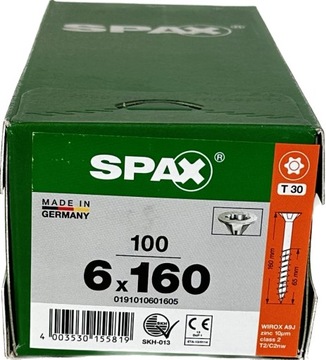 Wkręty uniwersalne do drewna 6 x 160mm SPAX WIROX BIT T30 stożek 100szt