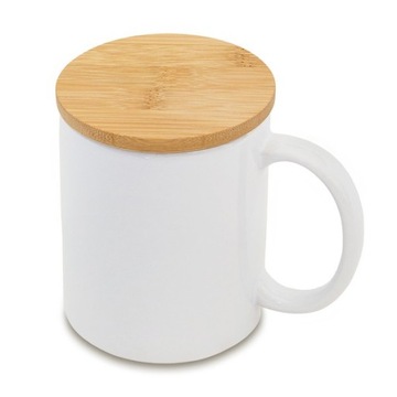 KUBEK CERAMICZNY LUND Z BAMBUSOWĄ POKRYWKĄ I UCHWYTEM 330ML BIAŁY