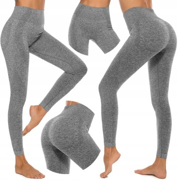LEGGINSY SPORTOWE DAMSKIE DŁUGIE BEZSZWOWE WYSOKI STAN SZARE FITNESS ROZM L