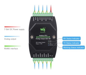 Промышленный 8-канальный модуль аналогового вывода (B) 12 бит Modbus RTU