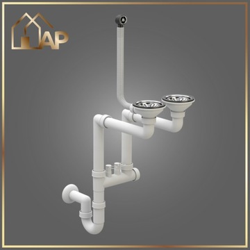 Сифон Слив для раковины ХРОМ настенный, двухчашный с переливом