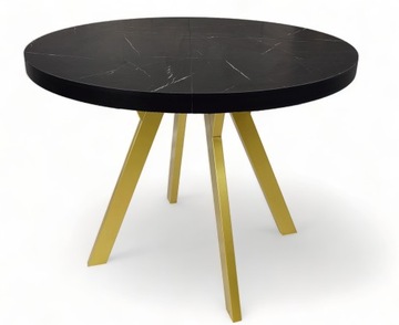 Stół Złoty Metal + MARMUR CZARNY okrągły Ø90 rozkładany do 190 cm Marble