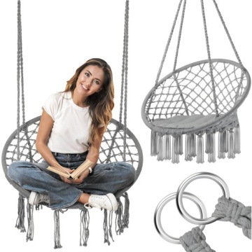 HUŚTAWKA OGRODOWA FOTEL WISZĄCY DO OGRODU GNIAZDO szary BOHO MAKRAMA 80cm