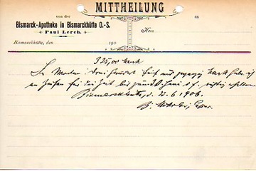 38003 Bismarckhütte.Bismarck Apotheke. Druk firmowy z 1906 roku.