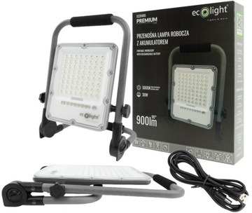 NAŚWIETLACZ ROBOCZY LED Z AKUMULATOREM 30W 5000K 900lm 6Ah IP65 4 TRYBY