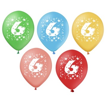 BALONY NA URODZINY KOLOROWE CYFRA 6 ZESTAW 5 SZT