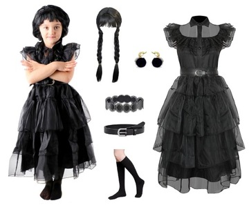 STRÓJ WEDNESDAY ADDAMS SUKIENKA BALOWA WŁOSY 140