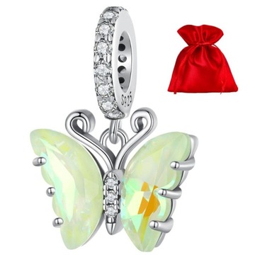 G529 Zielony motyl kryształ srebrny charms zawiesz