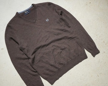 Fred Perry merino sweter brązowy v-neck wełniany męski M