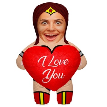 Фото Подушка 3D Кукла Твоё Лицо + Сердце для мальчика ДЕНЬ ВАЛЕНТИНА принт