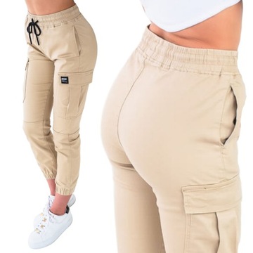 Damskie beżowe spodnie bojówki z kieszeniami CARGO ze ściągaczami M