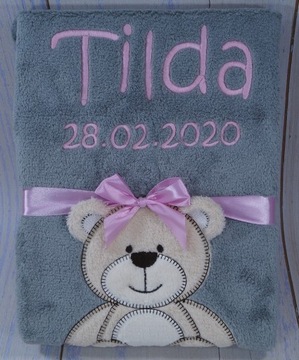 Botobaby - Kocyk z imieniem i metryczką - Z MISIEM - HAFT PREZENT URODZINY