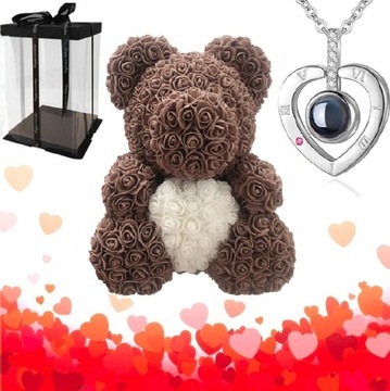 BRĄZOWY MIŚ Z RÓŻ Z SERCEM + GIFTBOX + NASZYJNIK