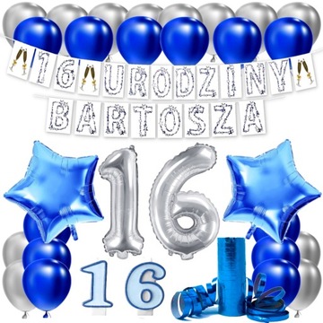 ZESTAW BALONY NA 16 URODZINY LAT GIRLANDA + IMIĘ NIEBIESKI SREBRNY