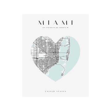Plakat Mapa miasta Stany Zjednoczone Miami serce 21X29,7 cm