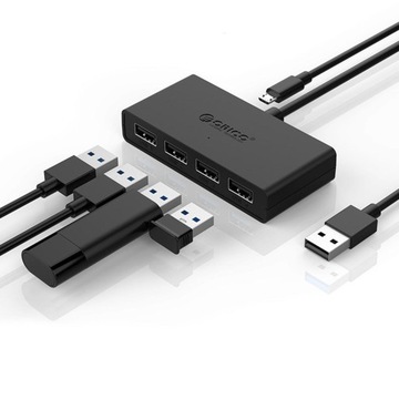 Koncentrator USB, 4-portowy adapter USB 3.0, smukły koncentrator danych z zewnętrznym zasilaniem 30 cm