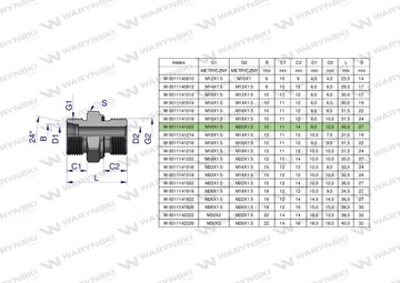 Przyłączka hydrauliczna metryczna BB (XGE) M16x1.5 10L x M22x1.5 ED Waryńsk