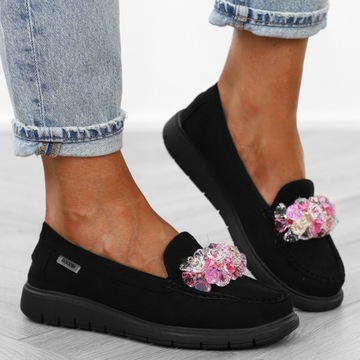 Черные мокасины, туфли с камнем, FL758, размер 38.