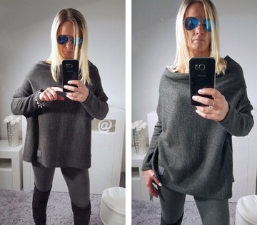 SWETEREK OVERSIZE TUNIKA SWETER WOOL ODKRYTE RAMIĘ