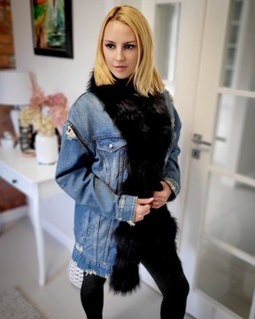 Kurtka katana jeansowa z futrem czarnego lisa i jenota S