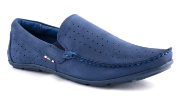Mokasyny męskie POLSKIE buty skórzane niebieski 45