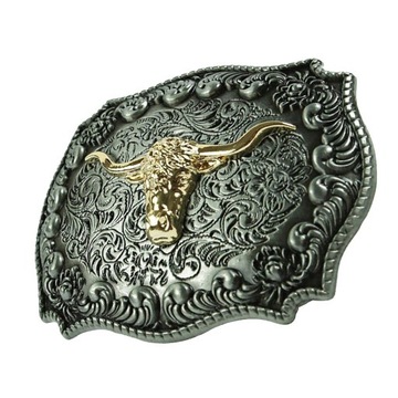Unikalna klamra z wygrawerowaną złotą głową byka Klamra do paska West Cowboys Cool
